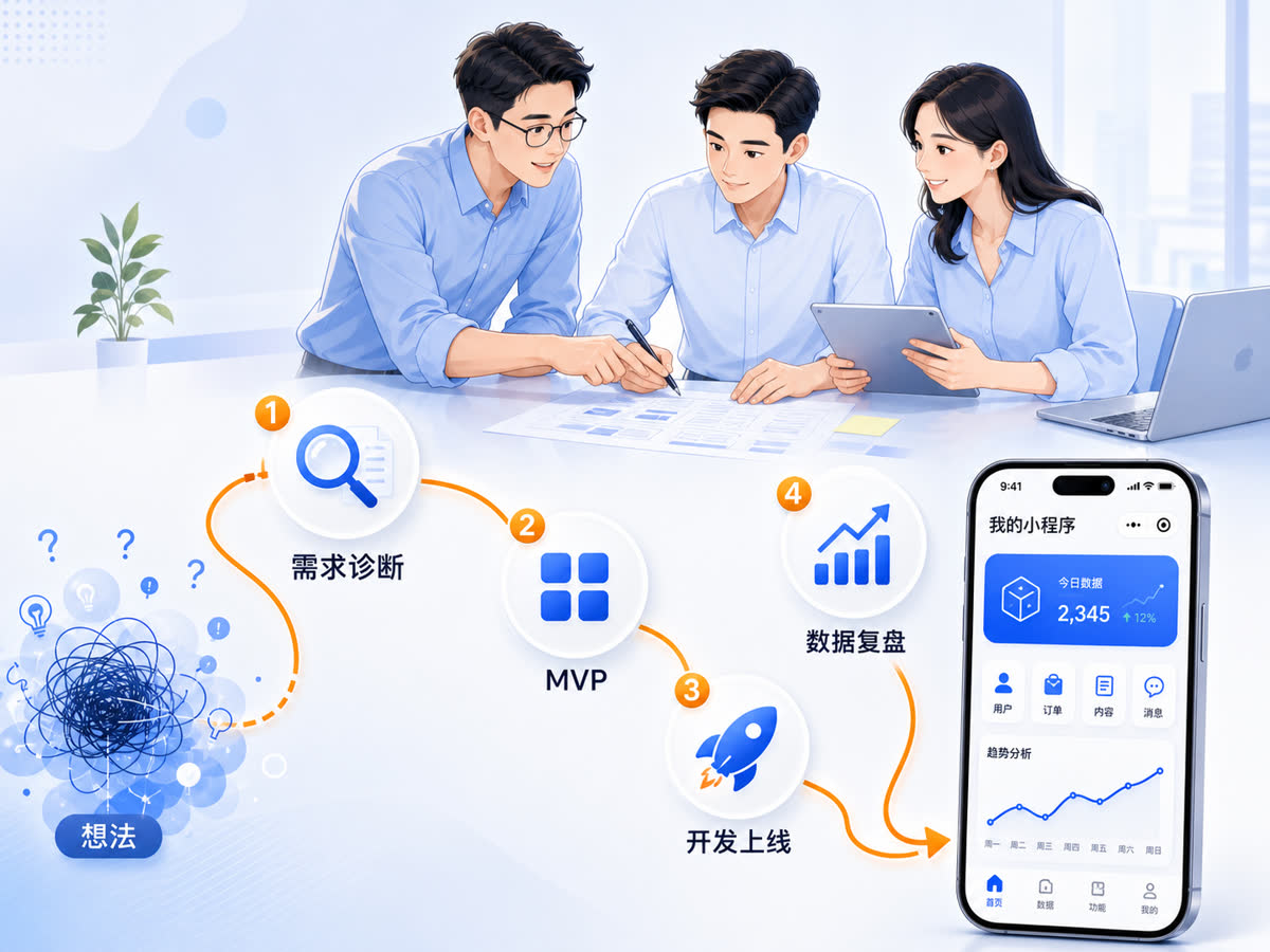 团队协作把创业想法推进到需求诊断、MVP、开发上线和数据复盘的小程序路径图